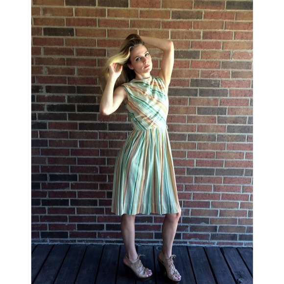 vintage 60s GREEN ORANGE diagonal striped Mod DRESS Small full skirt indie retro - Picture 3 of 10